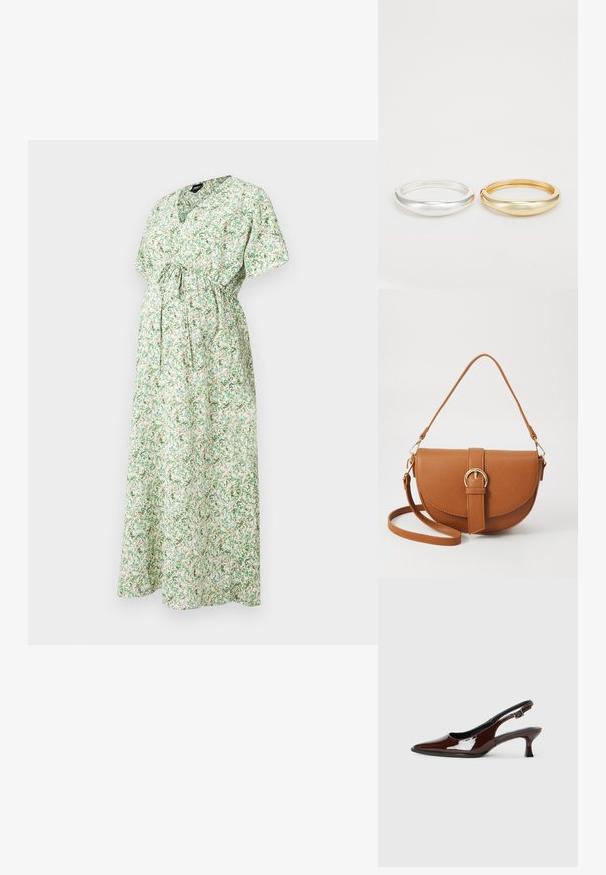 Vestido de maternidade floral com mangas curtas, decote em V, cintura aperta e uma saia longa e fluída em padrões verdes e brancos.; Sapato slingback em pele sintética castanha com bico pontiagudo e salto moderado. Apresenta uma fivela para um ajuste seguro. Textura suave.; Bolsa transversal de couro castanho com um formato curvado, ferragens douradas e um detalhe de fivela. Inclui uma alça de ombro destacável.; Zign 2 PACK - Pulseira - gold-coloured/silver-coloured