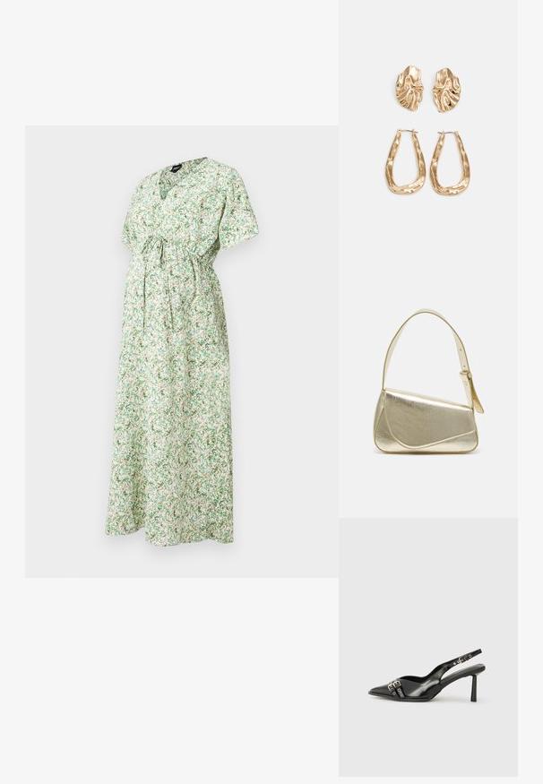 Vestido de maternidad floral con mangas cortas, escote en V, cintura ajustada y una larga falda fluida con patrones en verde y blanco.; Zapato de charol negro tipo slingback con punta afilada, correas al tobillo con hebillas y herrajes de plata, y un tacón delgado.; Bolso de mano metálico dorado con un diseño estructurado, textura suave y correa ajustable. Presenta una forma triangular única y un cosido minimalista.; Pendientes en tono dorado que presentan formas texturizadas y onduladas. Incluyen aros de clip esculturales y un diseño de aro abierto con un acabado martillado.