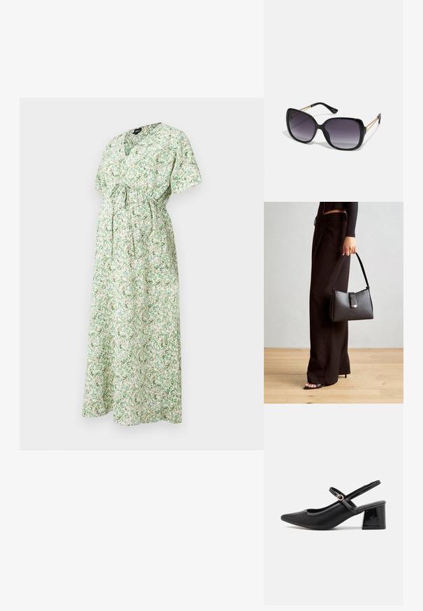 Kwiatowa sukienka ciążowa z krótkimi rękawami, dekoltem w serek, dopasowaną talią i długą, lekko opadającą spódnicą w zielono-białe wzory.; Czarne lakierowane czółenka na słupku ze spiczastym noskiem, lekko zaokrąglonym wycięciem i obcasem w kształcie bloku. Posiadają złotą klamrę jako akcent dekoracyjny.; Czarne oversize okulary przeciwsłoneczne z gradientowymi soczewkami, grubymi oprawkami i złotym łańcuszkiem na ramionach.; Czarna torebka o usztywnionym kształcie, gładkiej fakturze i metalowym zapięciem. Połączona z szerokimi czarnymi spodniami i sandałami na otwartym palcu na drewnianej podłodze.