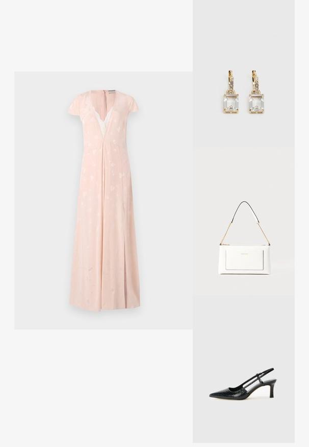 Helles pinkes Kleid mit kurzen Ärmeln, tiefem V-Ausschnitt, Spitzenverzierungen und subtilen Herzmustern; bodenlang mit einem seitlichen Schlitz.; Schwarze Lack-Slingback-Pumps mit spitzem Zehenbereich, versehen mit strukturiertem Schlangenprint, verstellbarem Riemen und einem kurzen, strukturierten Blockabsatz.; Weißes Lederhandtasche mit strukturierter Oberfläche, ausgestattet mit einem goldenen Kettenriemen und schwarzen Akzenten. Enthält eine Fronttasche und einen Reißverschluss.; Ohrringe in Goldfarbe mit einem rechteckigen, durchsichtigen Kristall, der unter einer Reihe kleiner, runder klarer Akzente hängt. Elegantes, modernes Design.