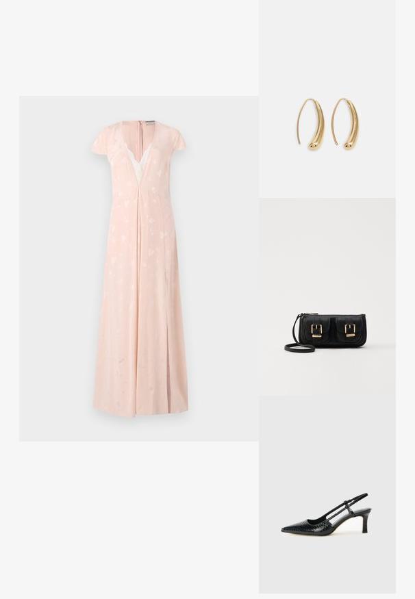 Lyserød kjole med kapærmer, dyb V-hals, blonder og subtile hjerte-mønstre; gulvlængde med slidser i siden.; Sorte patent slingback hæl med spids tå, prydet med tekstureret slangeskindsmønster, justerbar rem og en kort, tekstureret blokhæl.; Sort læder crossbody taske med to frontlommer, guldspænder, lynlåslukning og en slank rem. Struktureret overflade og kompakt rektangulær form.; Guldfarvede metal hoops øreringe med en bøjet, forlænget form. Har en glat, skinnende overflade og en afrundet spids for ekstra detalje.