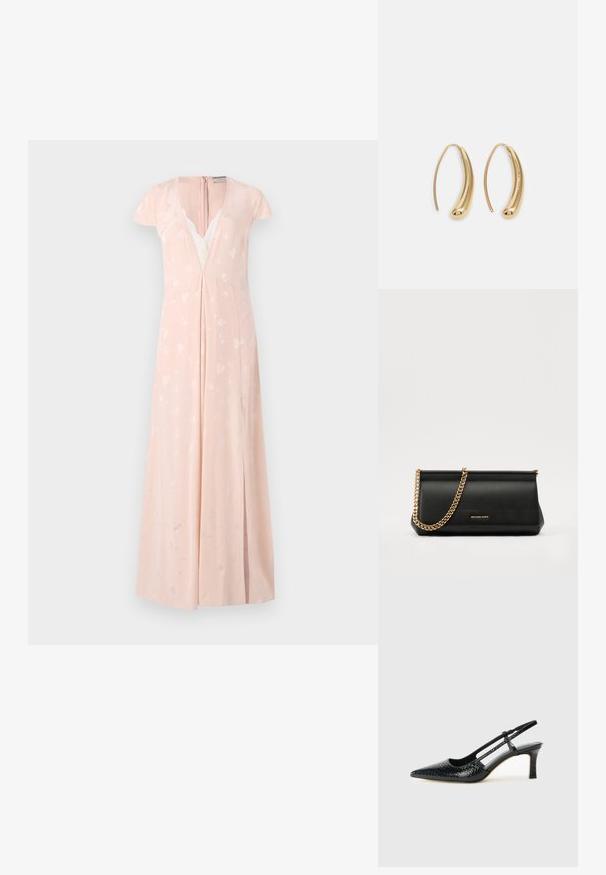 Gaiši rozā kleita ar kapuci, dziļu V veida kakla izgriezumu, mežģīņu detaļām un smalkām sirdspatterniem; līdz grīdai ar sānu izgriezumu.; Melna patent āda ar slīdošo papēdi un smailo purngalu, ar teksturētu čūsku drukājumu, regulējamu siksniņu un īsu teksturētu blokpapēdi.; Melns ādas apliecības soma ar zelta ķēdes siksnu, ar gludu tekstūru, taisnstūra formu un izspiestu zīmolu uz priekšpuses.; Zelta toņu metāla gredzena auskari ar izliektu, pagarinātu formu. Ar gludu, spīdīgu virsma un noapaļotu galu papildu detaļām.