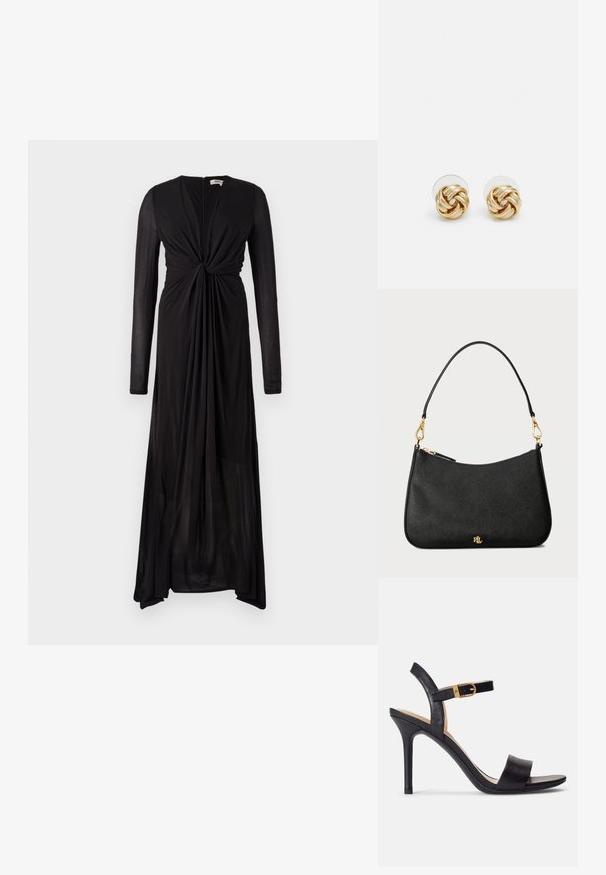 Melnas garas piedurknes kleitas ar mezgulu priekšpusi un plūstošu audumu. Tam ir dziļš V-veida kakls un pakāpenisks apakšmalas dizains elegantiem drapējumiem.; Melni augstpapēžu sandales ar gludu ādas augšdaļu, atvērtu purngalu un vienas siksniņas dizainu ar zelta sprādzi.; Melna ādas rokassoma ar strukturētu dizainu, kas aprīkota ar rāvējslēdzēju, noņemamu siksnu un zelta aparatūras akcentiem.; Zeltītu mezgla auskari ar vērptu dizainu. Katrs auskaru pāris ir aprīkots ar apaļu caurspīdīgu atbalstu drošai nēsāšanai.