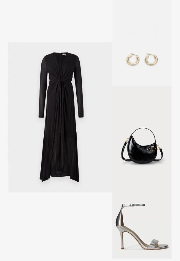 Czarna sukienka z długim rękawem, z węzłem z przodu i płynącym materiałem. Posiada głęboki dekolt w serek oraz stopniowany dół, co zapewnia eleganckie układanie się.; Srebrne sandały na wysokim obcasie z wąskim paskiem na palcach, paskiem na kostkę z klamrą, eleganckim designem i gładką metaliczną teksturą.; Czarna torebka z lakierowanej skóry o zaokrąglonym kształcie, z regulowanym paskiem i złotymi akcentami po boku. Gładka, błyszcząca tekstura.; Lauren Ralph Lauren BASIC SMALL HOOP - Kolczyki