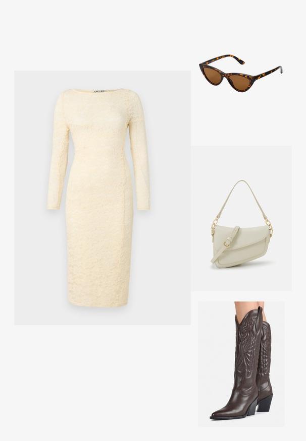 Kreemiline pitskleit pikkade varrukatega, ümarate kaelustega ja keha ligi istuva siluetiga. Omab lillemustriga ja põlvepikkusega ääret.; Pruunid nahast cowboy saapad terava varbaga ja plokk-kandaga, millel on detailne tikand ja kergelt tõstetud aktsendid varrel.; Kassi vormiga prillid musta ja oranži kilpkonnakujulise raami, pruunide läätsede ja elegantsete teravate otstega. Templi juures on minimaalne logo.; Väike kreemjas käekott tekstureeritud viimistlusega, pikendatav rihm, ketiläbimõõt ja klapiga sulgemine. Kuldsed metalldetailid.