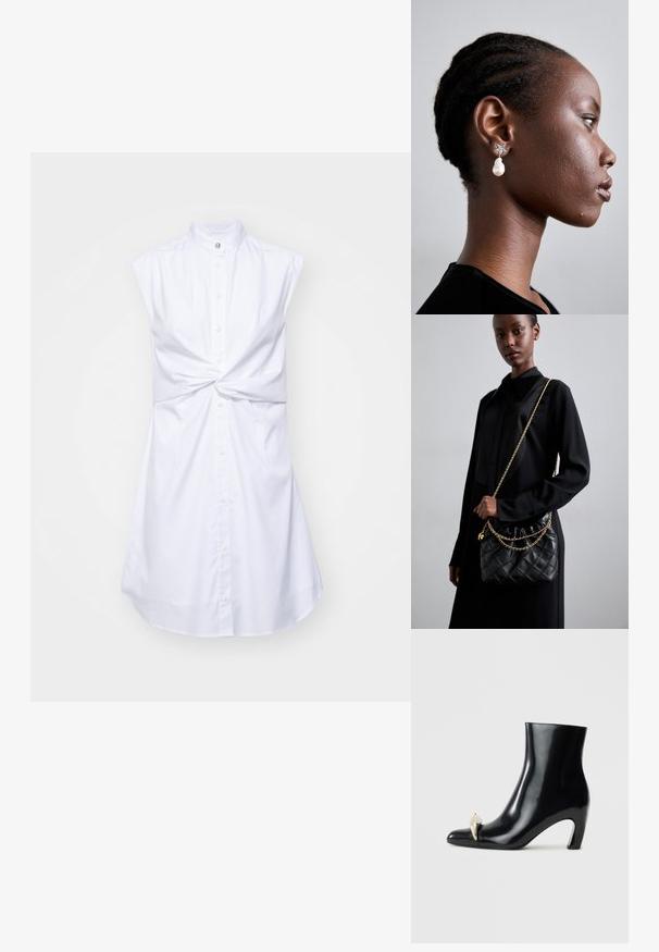 Valge ilma varrukateta kleit kõrge kraega, esi-nuppude kinnitusega ja sõlme detailiga vööl. Sile kangas kerge läikega.; Must musta, läikiva nahast, terava varbaga ja dekoratiivse kullast ja hõbedast aktsendiga esiosas. Blokeeritud kontsa disain.; Must mustriga mustriga nahk käekott koos kogutud tipuga, kuldne ahel ja ristkülikuline kuju, hoitakse lihtsa tausta vastu.; Tory Burch STAR DROP EARRING - Kõrvarõngad - silver-coloured