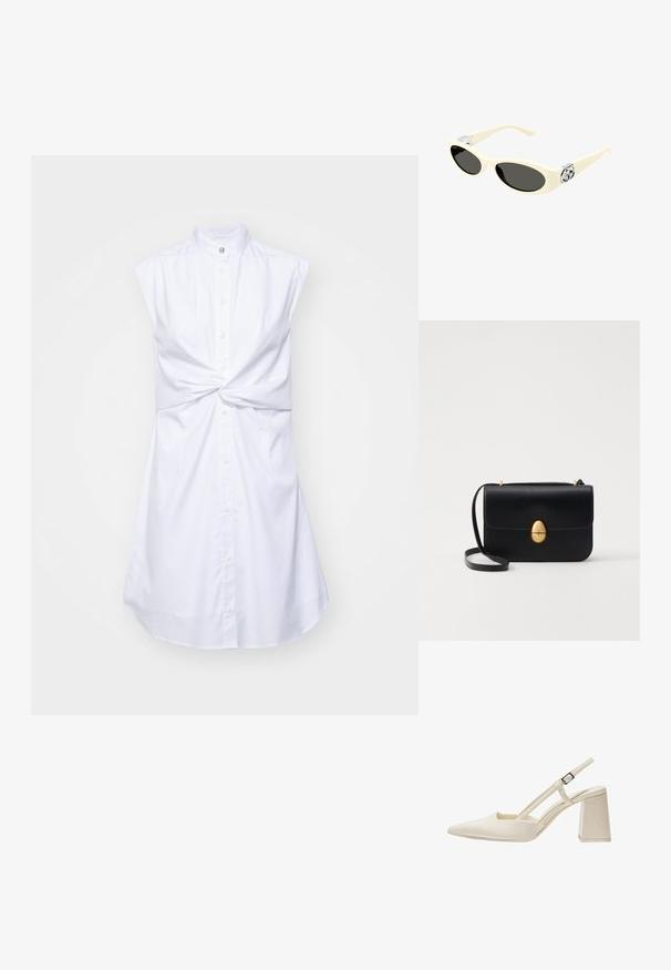 Weißes ärmelloses Kleid mit hohem Kragen, vorderem Knopfverschluss und einer Knoten-Details an der Taille. Glatter Stoff mit leichtem Glanz.; Beige Slingback-Schuhe mit spitzer Zehenpartie, glanzvollem Lackfinish, mittelhohem Blockabsatz und verstellbarem Riemen. Minimalistisches Design mit offenen Seiten.; Cremefarbene Sonnenbrille mit ovalen Gläsern, schwarzem Tönung und metallischen Logoakzenten an den Schläfen. Glatte Textur, Cat-Eye-Design.; Schwarze Lederhandtasche mit strukturierter rechteckiger Form. Verfügt über einen goldenen ovalen Verschluss und einen dünnen Schulterriemen. Glatte Textur.