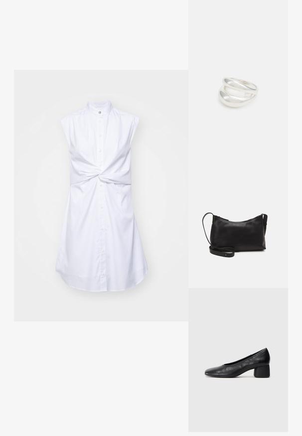 Valge ilma varrukateta kleit kõrge kraega, esi-nuppude kinnitusega ja sõlme detailiga vööl. Sile kangas kerge läikega.; Must musta kingadega, ümarate varvaste ja keskmise plokknõrga. Sile tekstuur, minimaalse kaunistusega, kergelt elastse avaga.; Mustmust nahk õlakotil on sile tekstuur, kumer kuju, reguleeritav rihm ja lukuga sulgemine. Minimalistlik disain ilma kaunistusteta.; Hõbedane kahekordne rõngas sujuva, poleeritud pinnaga. Omab voolavat, kõverat disaini, millel on kattuvad sektsioonid, et saavutada kaasaegne ilme.