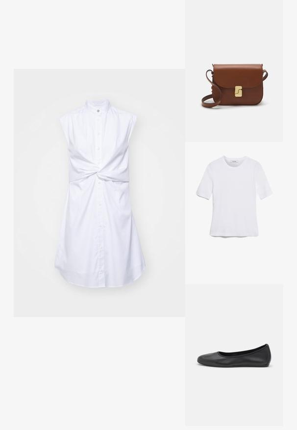 Abito bianco senza maniche con colletto alto, chiusura frontale con bottoni e dettaglio annodato in vita. Tessuto liscio con una leggera lucentezza.; T-shirt bianca a maniche corte realizzata in tessuto a costine. Collo rotondo, vestibilità regolare e dettagli di cucitura sottili. Senza motivi o grafiche.; Pantofole da balletto nere in pelle con punta arrotondata, texture liscia, dettagli di cucitura minimi e design con suola flessibile.; Borsa a tracolla in pelle marrone con chiusura a pattina, hardware color oro, tracolla e una finitura liscia. Forma rettangolare compatta.
