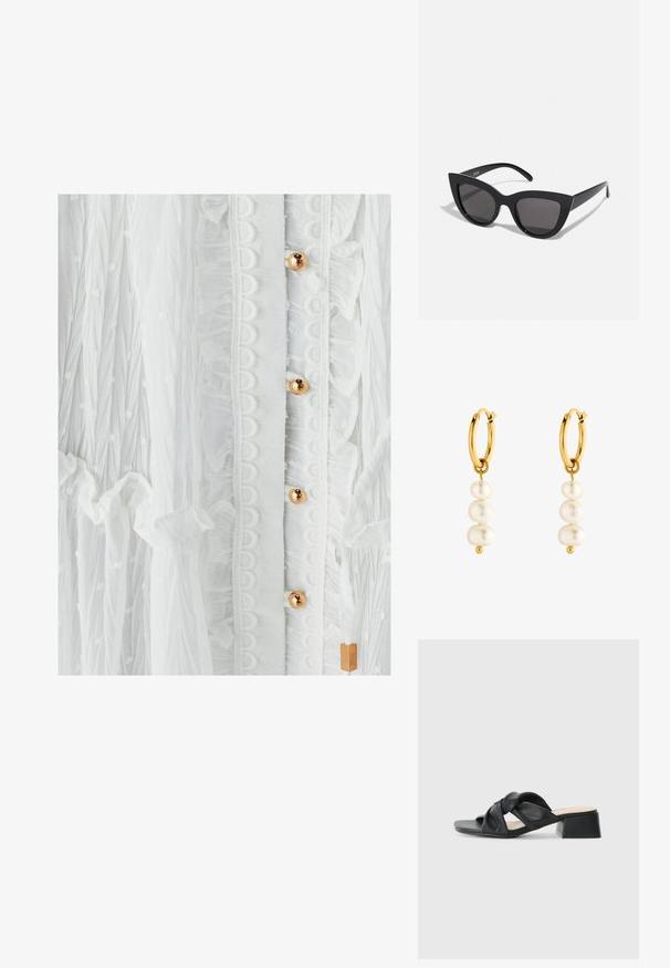 Valkoinen mekko, jossa on tekstuurinen kangas, röyhelöitä, pyöreä pitsireunus ja kultaiset napit. Hento pallokuvio parantaa muotoilua.; Musta nahkasandaali, jossa on kiertyvä yläosa, neliönmuotoinen varvas ja matala lohkoheel, joka on varustettu sileällä pinnalla ja minimalistisella tyylillä.; Mustat kissansilmäaurinkolasit, joissa on matta pinta, harmaansiniset linssit, terävät kulmat ja tyylikkäät sivuvarret. Brändin nimi näkyy sisävarsissa.; Kultaketjut, joissa on kolme valkoista helmeä, esittelee sileää pintaa ja pyöreää muotoa, ja helmien alla on pieni kultakoristus.