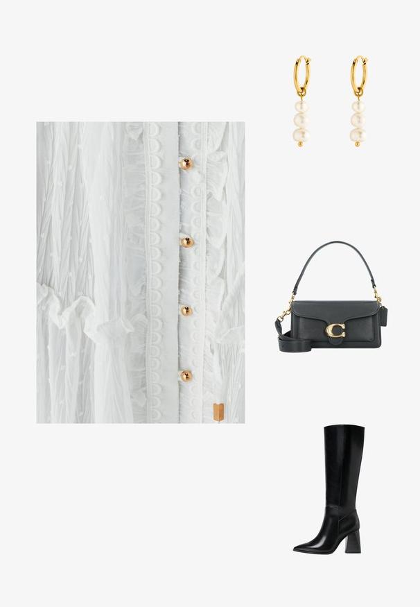 Bela obleka z teksturirano tkanino, volančki, okroglo čipkastim robom in zlatimi gumbi. Nežen vzorec pikic izboljšuje zasnovo.; Črne usnjene škornje do kolen s koničastim nosom, gladko teksturo in robustnim rebrastim peto za stabilnost. Elegantna oblika z minimalnimi poudarki.; Črna usnjena torbica z zlatim okovjem, ki se ponaša s prepoznavnim zapiralom, odstranljivim ramenskim trakom in teksturirano površino.; Zlate obročaste uhane, ki imajo tri bele bisere, se odlikujejo z gladko teksturo in okroglo obliko, z majhnim zlatim poudarkom pod biseri.