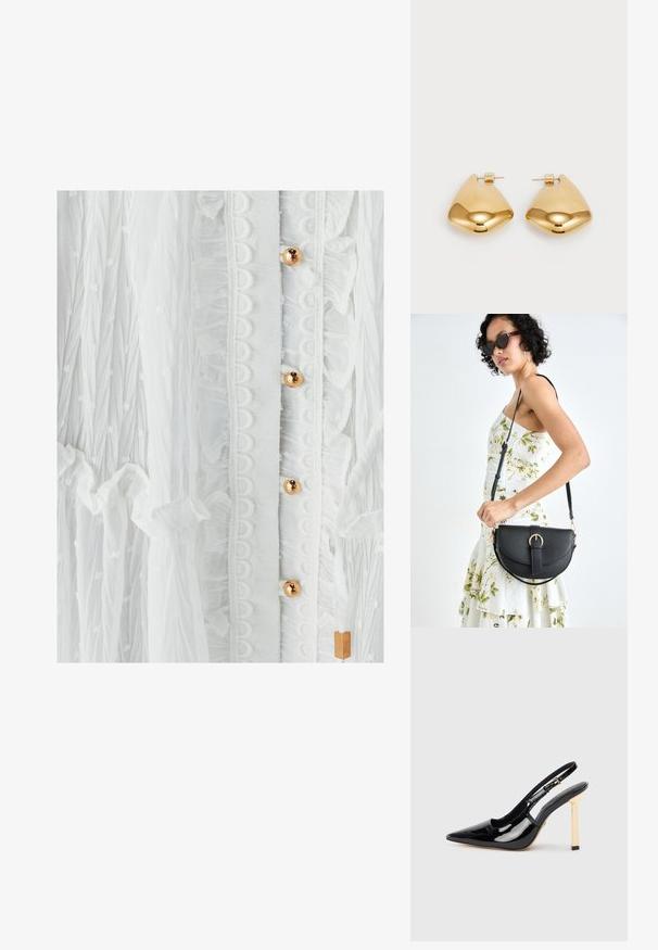 Bijela haljina s teksturiranim materijalom, volanima, okruglim čipkastim obrubom i zlatnim dugmadi. Suptilan uzorak točkica dodatno naglašava dizajn.; Crna lakirana kožna cipele s visokom petom, otvorenom petom, s šiljastim vrhom i zlatnim četvrtastim detaljem na peti. Sadrži podesivu kopču oko gležnja.; Crna kožna torba s lukovitim oblikom, odvojivim remenom i zlatnim detaljima. Torba ima preklop s kopčom.; Zlatne metalne naušnice sa glatkim, zaobljenim trokutastim oblikom i dizajnom s postavljanjem na poleđini; reflektirajuća površina s minimalnim detaljima.