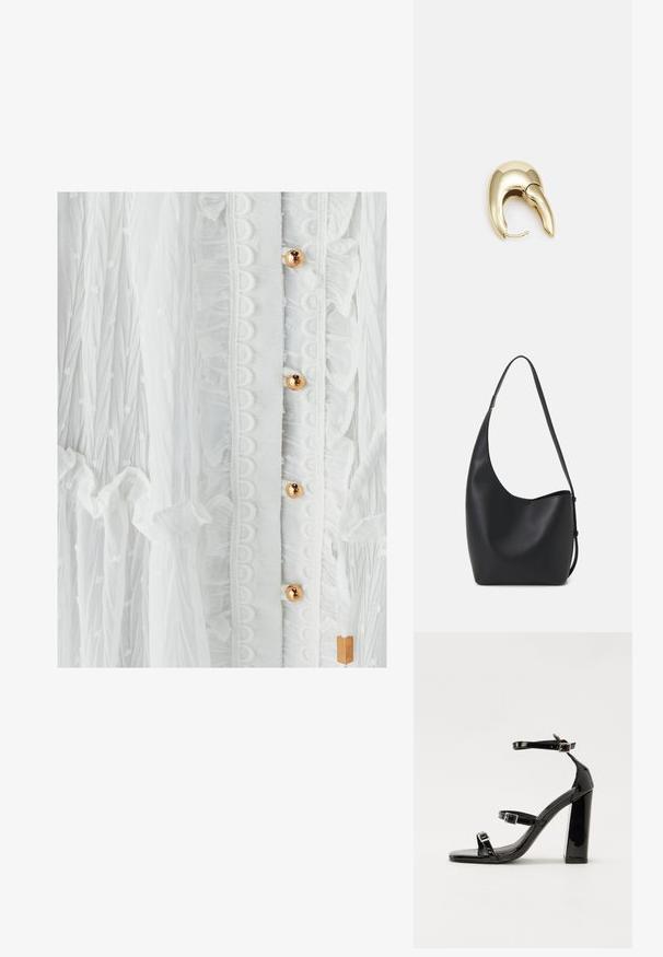 Hvid kjole med tekstureret stof, flæser, cirkulær blondekant og guldtonede knapper. Subtil prikmønster forbedrer designet.; Sorte patenterede hælsandaler med firkantet tå, ankelremme og sølvspænder. Har en chunky blokHæl for stabilitet.; Sort læder hobo taske med en glat overflade, buet form og en enkelt justerbar rem; har en bred åbning øverst.; Guldtonet metal ørering med et slankt, buet design. Har en karakteristisk spids form, poleret overflade og hængselåbning.