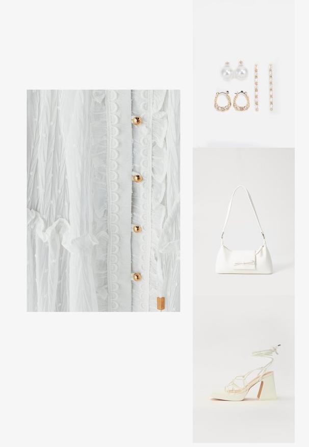 Witte jurk met een textuurstof, ruches, ronde kantafwerking en goudkleurige knopen. Subtiel stippenpatroon versterkt het ontwerp.; Witte hoge hakken sandaal met een chunky hak, met een bandjesontwerp en enkelband. Gladde textuur met een plateau voor extra hoogte.; Witte synthetische handtas met een driehoekige vorm, platte voorklep en strikdetail, verstelbare schouderriem, gladde textuur en minimalistisch ontwerp.; Drie paar oorbellen: grote witte parelstuds, gouden hoepels met heldere edelstenen, en twee lange, rechte gouden accentoorbellen met sprankelende details.