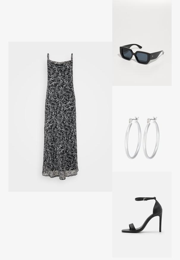 Čierne maxi šaty s tenkými ramienkami, zdobené kvetinovým vzorom v bielej a šedej farbe, vyrobené z ľahkej tkaniny s prúdivou textúrou.; Čierne sandále na vysokom opätku s elegantným dizajnom, obsahujúce popruh okolo členka, otvorenú špičku a hladký kožený povrch.; Čierne nadrozmerné slnečné okuliare s geometrickým vzorom, obdĺžnikové šošovky a lesklý povrch. Na prednej strane nie sú viditeľné žiadne značky.; Strieborné kruhové náušnice s hladkým, lesklým povrchom. Kolový tvar a bezpečné klikanie na uzatváranie. Ľahký dizajn vhodný na každodenné nosenie.