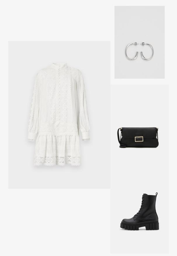 Rochie albă cu mâneci lungi și guler înalt. Prezintă modele complicate de dantelă, țesătură texturată și un tiv stratificat. Închidere cu nasturi în față.; Botine negre din piele cu talpă masivă și zimțată, cu sistem de șireturi și cârlig pentru tragere, pe fundal alb. ; Geantă de mână din piele neagră, cu clapetă și un detaliu din metal auriu. Include o curea neagră și un design elegant, minimalist.; Cercei rotunzi din argint cu un finisaj neted și strălucitor. Design ușor, având o formă rotundă și închidere cu tijă.