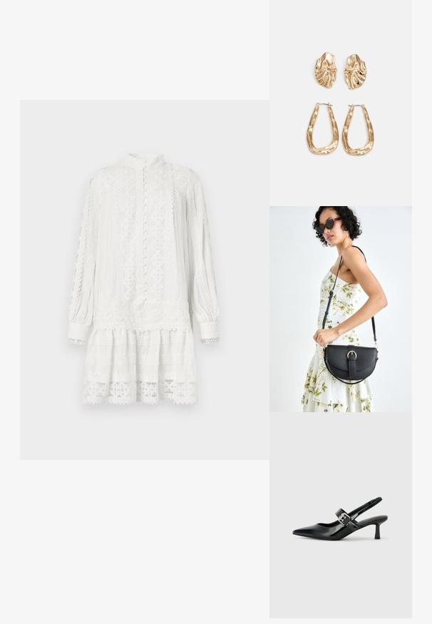 Weißes Kleid mit langen Ärmeln und hohem Kragen. Verfügt über filigrane Spitzenmuster, strukturierten Stoff und einen geschichteten Saum. Knopfverschluss vorne.; Schwarze Lackleder Slingback-Absätze mit spitzem Zeh und kleinem Blockabsatz, ausgestattet mit einem silbernen Schnallenakzent am Riemen.; Schwarze Lederhandtasche mit geschwungener Form, abnehmbarem Tragegurt und goldenen Beschlägen. Die Tasche verfügt über einen Deckel mit einer Schnallen-Details.; Ohrringe in Goldoptik mit strukturierten, gewellten Formen. Beinhaltet skulpturale Clip-Ohrringe und ein offenes Hoop-Design mit gehämmertem Finish.