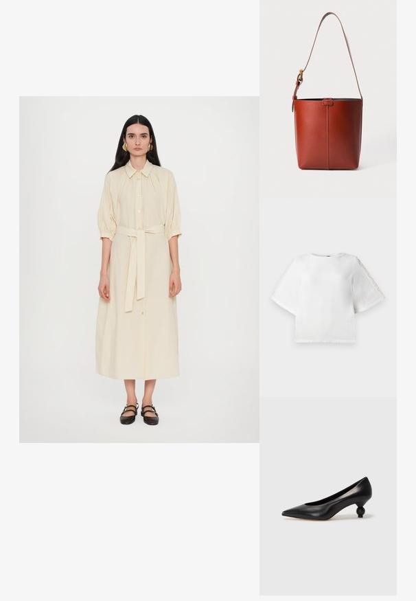 Krém színű, hosszú ingruha, galléros nyakkal, gombos elülső résszel, puffos ujjakkal és megkötős derékpánttal. Fekete lapos cipő viselve.; Fehér, rövid ujjú felső kerek nyakkal és csipke részletekkel az ujjakon. Sima anyagból készült, enyhén cropped fazonú.; Fekete bőr magassarkú cipő, hegyes orral és kerek, gömbölyű sarokkal. Simább textúrával, elegáns, minimalista dizájnnal.; Barna bőr vödör táska állítható vállpánttal és aranyszínű csattal, egyszerű függőleges varrással az elején.