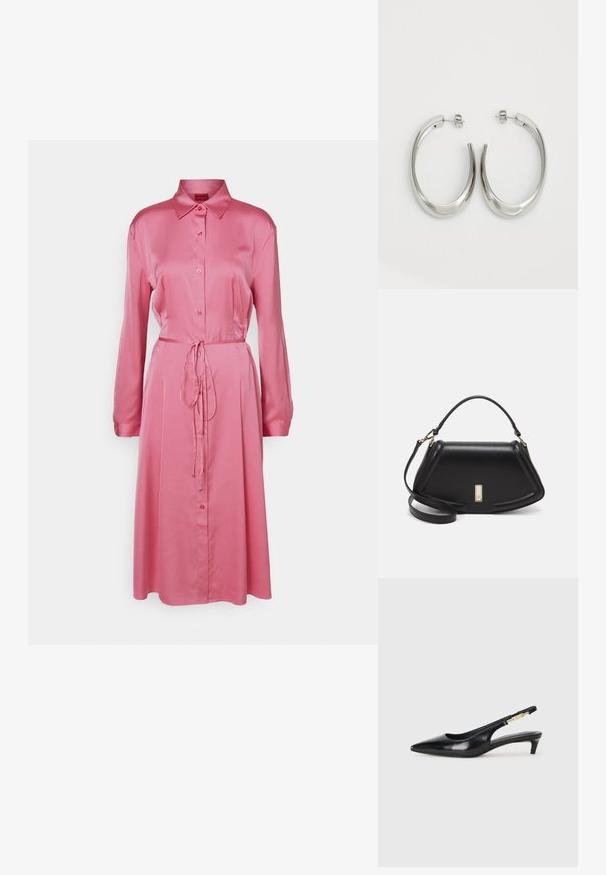HUGO KLEOMA - Robe chemise - open pink; Talons hauts en cuir noir avec un bout pointu, dotés d'un talon fin et d'un accent en ton or sur la lanière réglable. Texture lisse.; Sac à main en cuir noir avec un design structuré, featuring une forme cropped, une poignée supérieure et des accents en matériel doré. Bandoulière réglable incluse.; Boucles d'oreilles en argent avec un design lisse et courbé. Présentent une finition métallique brillante et une fermeture à clou. Pas de motifs ou d'accents visibles.