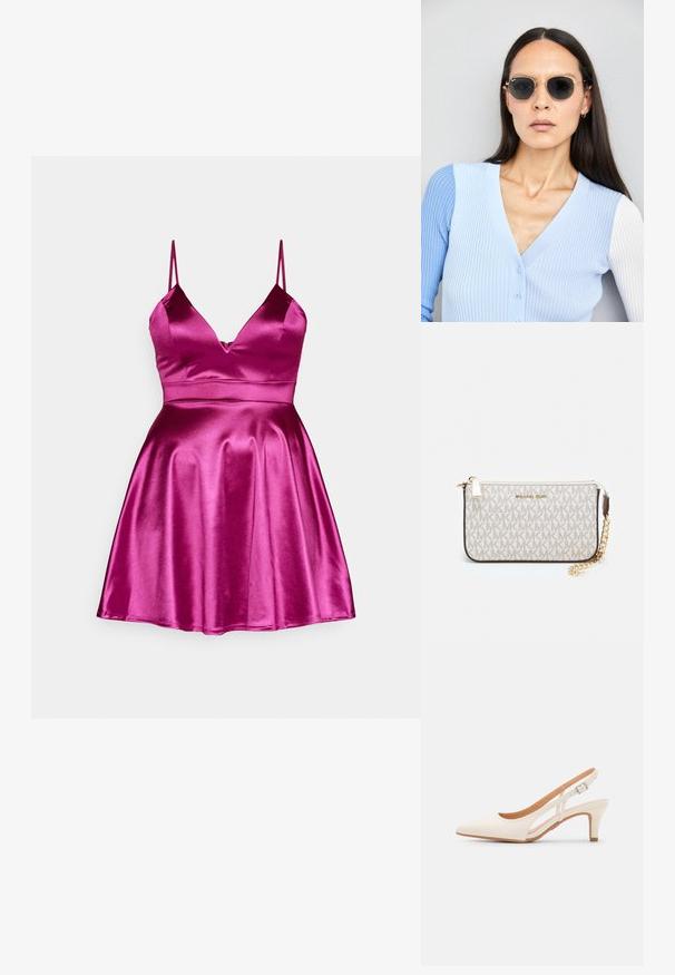 Fuksiju satīna kleita ar pieguļošu augšu, V veida dekoltē un plānām siksnām, kas paplašinās no jostas līdz kuplam svārkam. Gluda tekstūra.; Baltas siksniņveida papēdis ar smailu purngalu, gludu augšējo materiālu, zemu blokpapēdi un sānu izgriezumu dizainu ar regulējamu sprādzi.; Apaļas saulesbrilles ar tumšiem objektīviem un zeltītām rāmēm. Modelis valkā gaiši zilu, ribotu kardigānu ar pogām un kontrastējošām baltām piedurknēm.; Michaela Korsa rokassomi bez̦ā īšojuma, kas izgatavota no apklāta kanvas, iekļaujot atkārtotu MK logotipa rakstu, zelta aparatūru un noņemamu ķēdes siksnu.