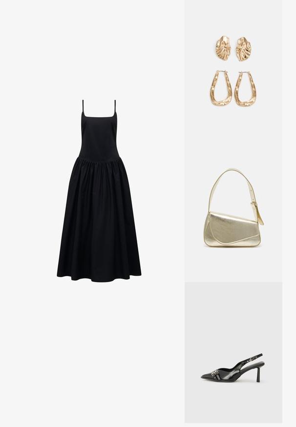 Vestido preto sem mangas com decote quadrado e uma saia cheia e pregueada. Feito de um tecido suave, proporciona uma silhueta fluida.; Sapato slingback preto em pele patentada com bico apontado, tiras no tornozelo apresentando fivelas e acessórios prateados, e um salto elegante.; Bolsa de mão metálica dourada com um design estruturado, textura suave e alça ajustável. Apresenta uma forma triangular única e costura minimalista.; Brincos em tom de ouro com formas onduladas e texturizadas. Inclui studs escultóricos com presilha e um design de argola aberta com um acabamento martelado.