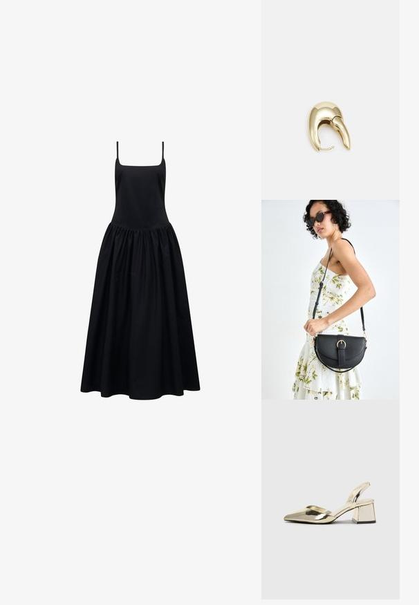 Melna bezpiedurkņu kleita ar kvadrātveida dekoltē un savilkta, pilna svārka. Izgatavota no gludas auduma, nodrošinot plūstošu siluetu.; Zeltaini, metāla kurpes ar siksniņām, norakans purngalis un masīla papēdis. Gluda tekstūra, minimālisma dizains un šaura siksna.; Melnas ādas rokassoma ar izliekta formu, noņemamu siksnu un zelta aksesuāriem. Somai ir vāciņš ar sprādzes detaļu.; Zeltīti metāla auskari ar gludu, izliekta dizaina. Ar atšķirīgu smailu formu, pulētu virsmu un eņģu aizdari.