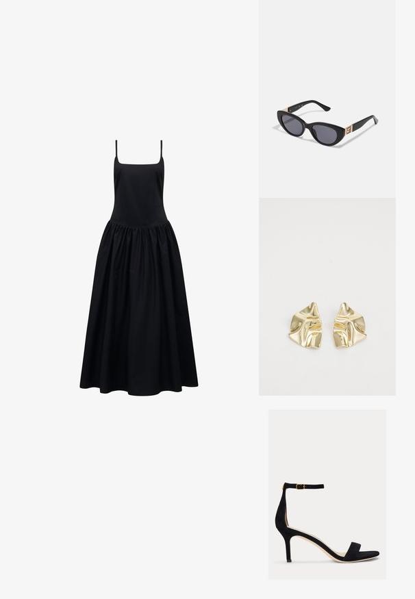 Melna bezpiedurkņu kleita ar kvadrātveida dekoltē un savilkta, pilna svārka. Izgatavota no gludas auduma, nodrošinot plūstošu siluetu.; Lauren Ralph Lauren ALLIE MID HEEL SUEDE SANDAL - Sandales - black; Guess Saulesbrilles - shiny black; Zelta metāla auskari ar viļņveida dizainu; gluda, atstarojoša virsma; asimetrisks formas; nav redzamu rakstu vai piederumu.