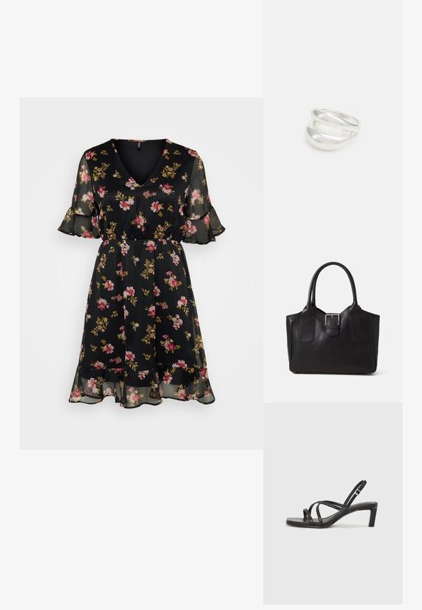 Juoda gėlėta suknelė su V formos iškirpte, trumpomis fliterinėmis rankovėmis, elastingu juosmeniu ir daugiasluoksne volanų apatine dalimi. Audinys puošia rausvai ir geltonai gėlių raštais.; Juodi šlepetės su kvadratiniu pirštu ir žemu bloku kulnu. Yra keli ploni dirželiai ir reguliuojamas kulkšnies diržas. Pagaminti iš lygios odos.; Juodas odinis nešiojamas krepšys su lygiu paviršiumi, struktūrine forma, dviem rankenėlėmis ir ryškiu sidabriniu sagties akcentu priekyje.; Sidabrinis dvigubas žiedas su lygiu, poliruotu paviršiumi. Pasižymi sklandžiu, kreiptu dizainu su persipinančiomis dalimis, suteikiančiomis modernų išvaizdą.