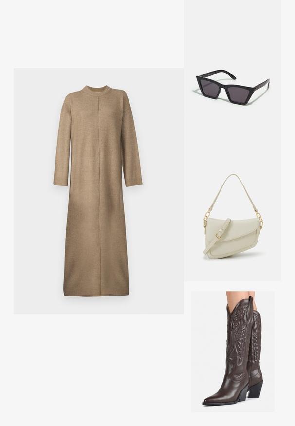 Neulemekko pehmeässä beige värissä, jossa on korkea kaulus, pitkät hihat ja suora leikkaus keskisaumalla.; Ruske nahkasaappaat, joissa on terävä kärki ja laatikkokorko, varustettu yksityiskohtaisella ompelulla ja kohotetuilla yksityiskohdilla varsiosassa.; Mustat, kulmikkaat aurinkolasit harmailla linsseillä; valmistettu muovista, paksuilla varsilla, joissa on sileä pinta ja ilman näkyvää metalliosaa.; Pieni kerma beige käsilaukku, jossa on teksturoitu pinta, pitkä säädettävä olkahihna, ketjua korostava yksityiskohta ja läppälukko. Kultaista metalliosaa.