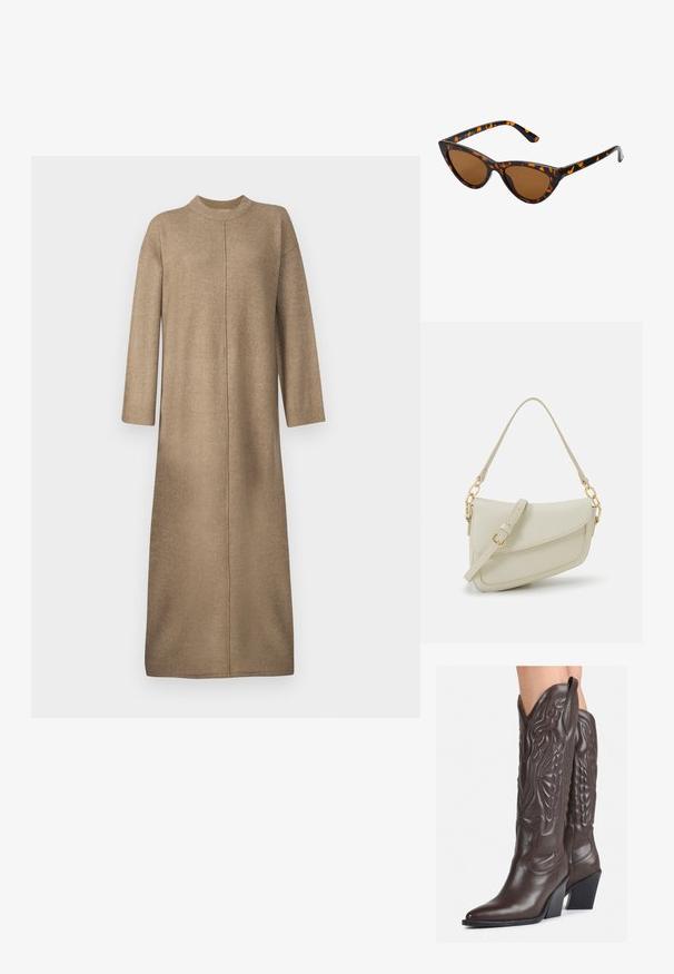 Vestido de malha numa suave cor bege, com um decote alto, mangas longas e um corte reto com detalhe de costura central.; Botas de cowboy em couro castanho com bico pontudo e salto quadrado, apresentando costuras detalhadas e realces elevados no cano.; Óculos de sol estilo gato com uma armação em tartaruga preta e laranja, lentes castanhas e pontas elegantes e pontiagudas. Apresenta um logo minimalista na haste.; Pequena bolsa de creme com um acabamento texturizado, uma alça longa ajustável, um detalhe em corrente e um fecho de aba. Detalhes em hardware dourado.