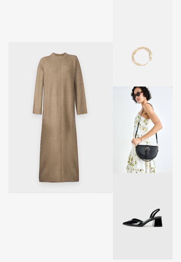 Knit dress in a soft beige color, featuring a high neckline, long sleeves, and a straight cut with a center seam detail.; Black patent leather slingback heels with a pointed toe and a geometric block heel. Features a sleek, minimal design and smooth texture.; Black leather handbag with a curved shape, detachable strap, and gold hardware. The bag features a flap with a buckle detail.; Gold-tone ring featuring an organic, twisted design with smooth texture and tapered ends, creating a modern, sculptural appearance.