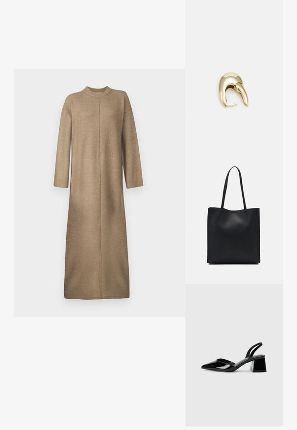 Strikket kjole i en myk beige farge, med høyt halsutskjæring, lange ermer og rett snitt med en midtsømdetalj.; Svarte patentlær slingback hæler med spiss tå og geometrisk blokk hæl. Har et stilrent, minimalistisk design og jevn tekstur.; Svart lær tote bag med glatt tekstur, rektangulær form og to lange håndtak. Ingen synlige deler eller dekorasjoner.; Gullfarget metalløredobber med et elegant, buet design. Har en karakteristisk spiss form, polert overflate og hengsel-lukking.