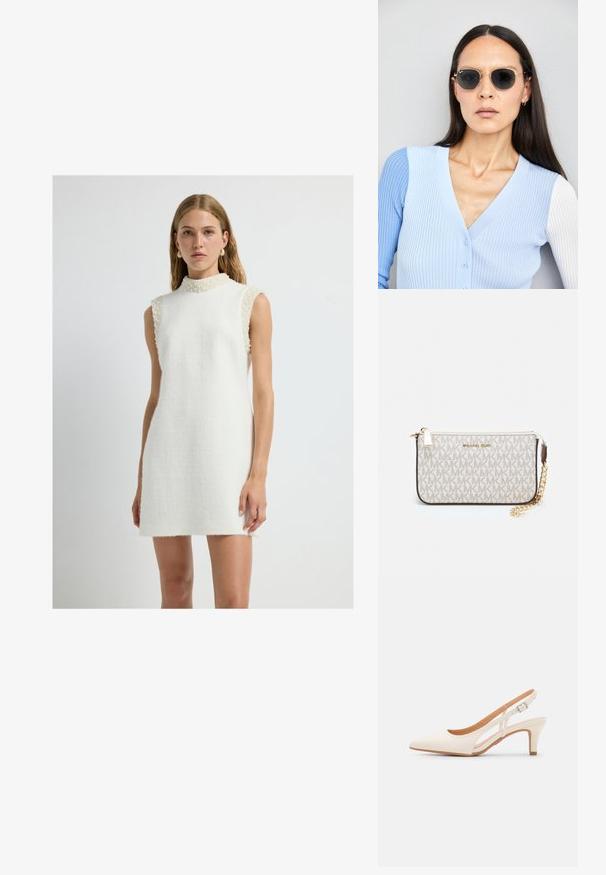 Ärmelloses weißes Kleid aus strukturiertem Stoff mit hohem Kragen, das mit Perlenakzenten an den Schultern und einer geraden Silhouette versehen ist.; Weiße Slingback-Absätze mit spitzer Zehenpartie, glattem Obermaterial, niedrigem Blockabsatz und seitlichem Ausschnitt-Design mit verstellbarem Schnallenriemen.; Runde Sonnenbrillen mit dunklen Gläsern und goldenen Rahmen. Das Modell trägt eine hellblaue, gerippte Strickjacke mit Knöpfen und weißen Kontrastärmeln.; Michael Kors Clutch in beige beschichtetem Canvas mit einem wiederholten MK-Logo-Muster, goldfarbener hardware und einem abnehmbaren Kettenriemen.