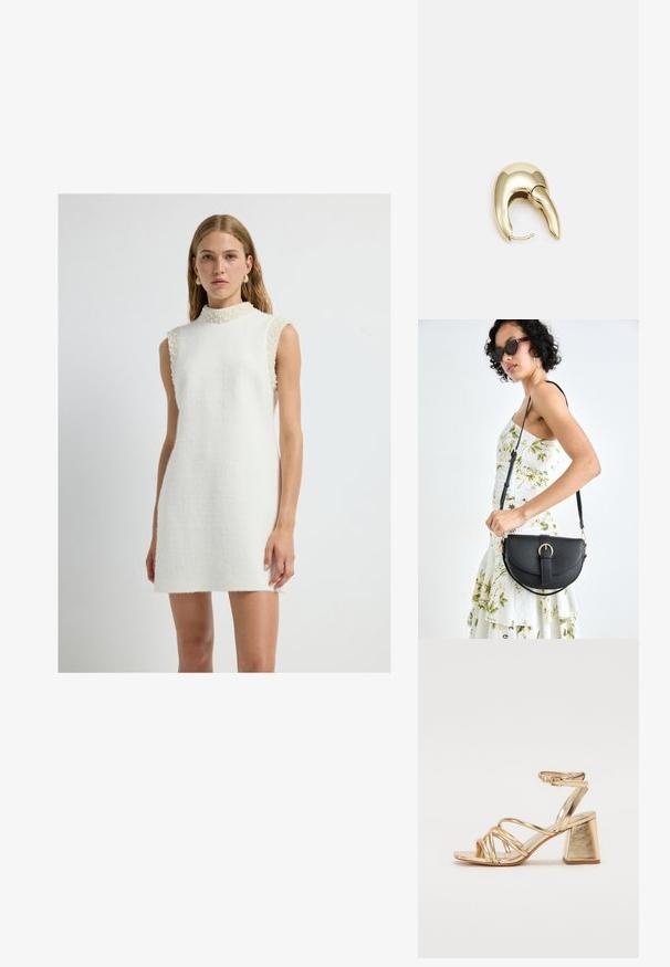 Sleevless hvid kjole lavet af tekstureret stof med høj krave, med perleaccentuerede skuldre og en lige silhuet.; Guldfarvede hæle-sandaler med en strappy design, firkantet blokhæl og justerbar ankelrem med spænde. Glat tekstur.; Sort læderhåndtaske med en buet form, aftagelig rem og guldfinish. Tasken har en klap med en spænde detalje.; Guldtonet metal ørering med et slankt, buet design. Har en karakteristisk spids form, poleret overflade og hængselåbning.