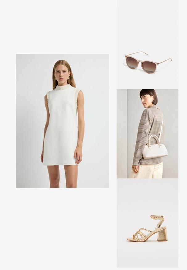 Sleevless hvid kjole lavet af tekstureret stof med høj krave, med perleaccentuerede skuldre og en lige silhuet.; Guldfarvede hæle-sandaler med en strappy design, firkantet blokhæl og justerbar ankelrem med spænde. Glat tekstur.; Brune gradient solbriller med en gennemsigtig pink stel, firkantet form og tynde metalarme. Har afrundede kanter og minimal dekoration.; Hvid struktureret taske med korte håndtag og en skulderrem, prydet med guldfarvede hardwaredetaljer og tekstureret materiale, præsenteret mod en grå baggrund.