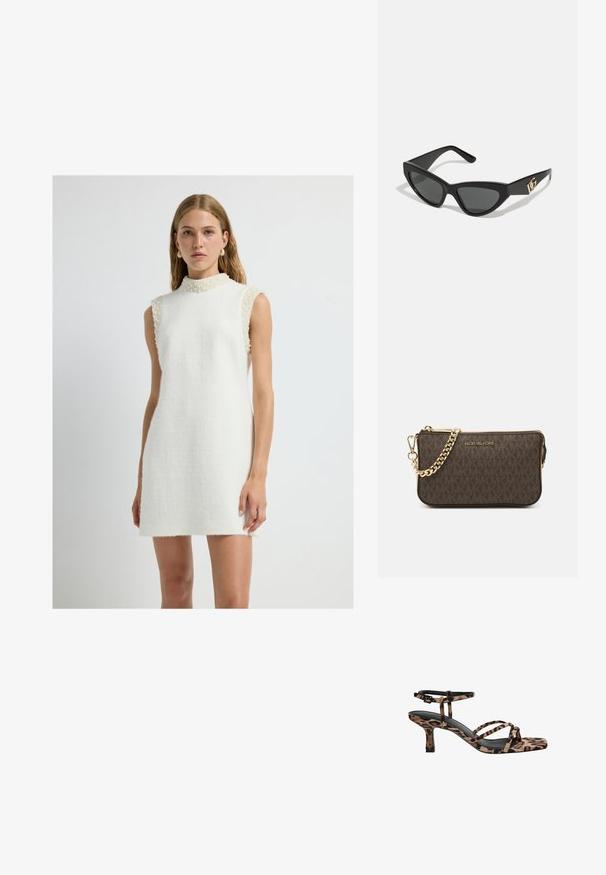 Robe blanche sans manches en tissu texturé avec un col haut, ornée d'accents en perles sur les épaules et d'une silhouette droite.; Sandales à talons imprimées léopard avec un bout carré, plusieurs brides et un talon de hauteur intermédiaire. Fabriquées en matériau textile doux.; Lunettes de soleil en œil de chat avec une monture en plastique noir mat, des verres foncés et un accent en or avec le logo sur la branche. Design angulaire et texture lisse.; Sac en cuir brun à bandoulière avec motif logo, bandoulière en chaîne dorée, fermeture éclair et accents de quincaillerie dorée. Forme compacte et rectangulaire.