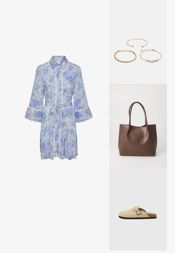 Zils ziedu raksta kleita ar apkakles kaklu, pūkainām piedurknēm, mežģīņu apdari un jostu viduklī. Iezīmējas ar slāņainu frillētu svārku detaļu.; Beige krēmo zamšs čības ar korķa zoli, noapaļota purngala un vienkārša siksna ar zelta tonēta sprādzi. Gumijas zole labākai saķerei.; Brūna ādas iepirkumu soma ar divām garām rokturiem, strukturēta forma, gluda tekstūra un minimālistisks dizains. Nav redzamu aparatūras vai akcentu.; Trīs zelta aproču komplekts: ietver vienkāršu aproci ar akmens dekorācijām, savītu ķēdīti un smalku ķēdīti ar lapu formas detaļām.