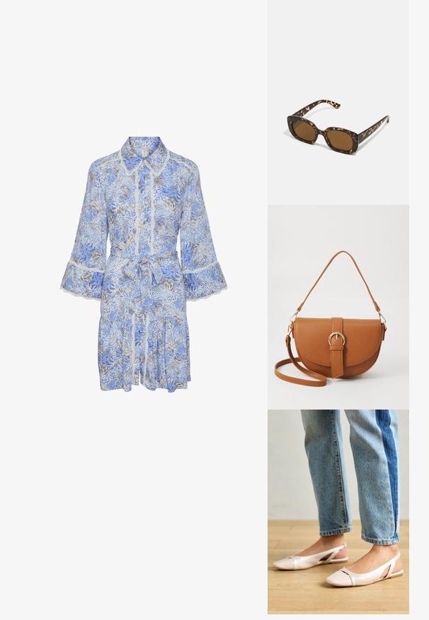 Mėlynos gėlėtos suknelės su apykakle, pūkuotomis rankovėmis, nėriniuotu apvadu ir diržu juosmenyje. Yra sluoksniuota, voliuota sijono detalė.; Šviesiai rožiniai slingback baleto bateliai su smailiu pirštu, pagaminti iš lygios odai panašios medžiagos. Yra išpjovimų detalės šonuose ir plokščias kulnas.; Kare klasikinės saulės akinių rėmeliai su apvalia, didesne forma ir rudais objektyvais. Yra subtilių raštų ir tiesių, siaurėjančių šonų.; Ruda odinė kryžminė rankinė, turinti kreivą formą, auksinius metalinius elementus ir sagtį. Yra nuimama petneša.