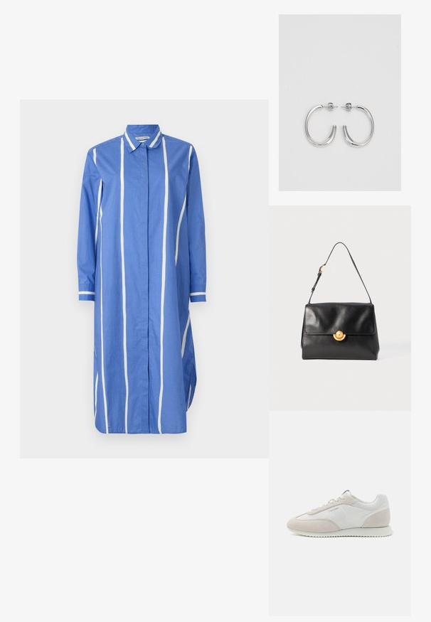 Marimekko RUNOELMA PUHVELI DRESS - Rochie tip cămașă - multi coloured; Adidași de culoare deschisă, cu un amestec de piele albă și suflă bej, având o talpă texturată și un branding minim pe lateral.; Geantă de umăr din piele neagră, cu o formă structurantă, vârf plat și un închizător circular aurit. Dispune de o singură curea pentru umăr pentru transport.; Cercei rotunzi din argint cu un finisaj neted și strălucitor. Design ușor, având o formă rotundă și închidere cu tijă.