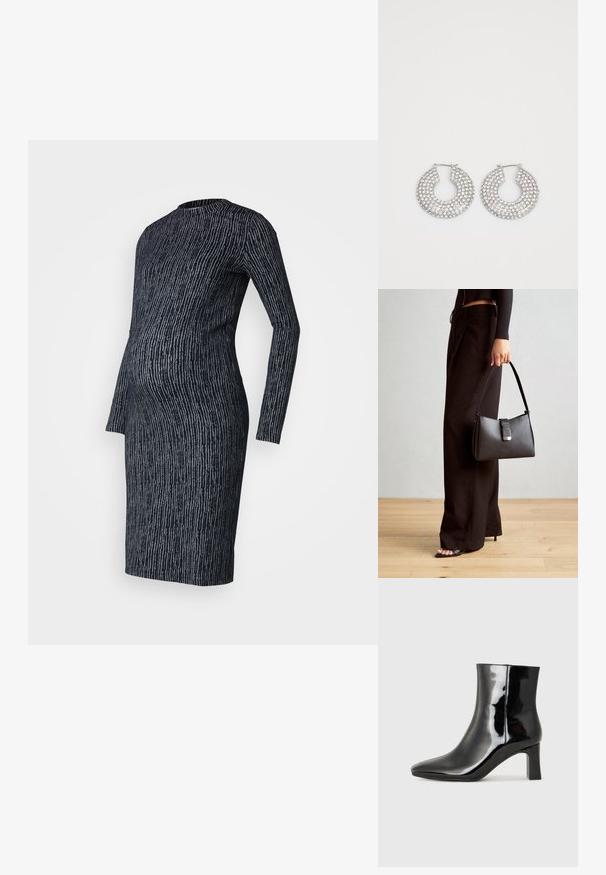 Oblačilo za nosečnice iz temno modrega pletenega materiala s svetlo sivo črtasto vzorcem, dolgi rokavi, oprijet kroj in okrogla izrez.; Črne lakirane gležnjarje z ošiljenim nosom in srednje visokim blokastim peto. Gladka tekstura in minimalističen dizajn.; Črna torbica z strukturirano obliko, gladko teksturo in kovinskim zaponko. Ujemajo se z širokimi črnimi hlačami in odprtimi sandali na lesenem tleh.; Srebrni obročasti uhani okrašeni z več prozornimi kristalnimi poudarki, ki imajo teksturirano površino in odprto okroglo zasnovo.