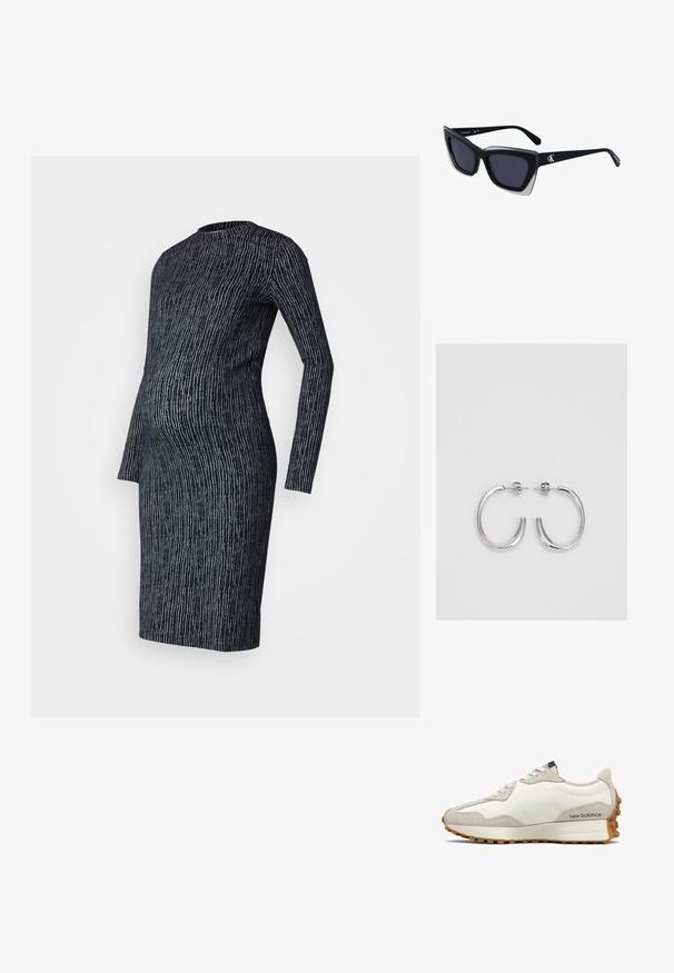 Grūtniecības kleita tumši zilā trikotāžas audumā ar gaiši pelēku svītru rakstu, garām piedurknēm, pieguļoša silueta un apaļu kakla izgriezumu.; Balts un bēšs sporta apavu pāris ar gludu ādas virsmu un zamšādas akcentiem. Aprīkots ar apaļām šņorēm, mīkstinātu zolīti un teksturētu gumijas zolīti.; Melni pārmēru saulesbrilles ar ģeometrisku formu, kas aprīkotas ar tumšiem stikliem un kontrastējošu pelēku akcentu uz rāmja. Logo uz kājas.; Sudraba stīpas auskari ar gludu, spīdīgu virsmu, izceļas ar izliektaveida formu un aizdari ar tapu. Minimālistisks dizains ar mūsdienīgu apdari.