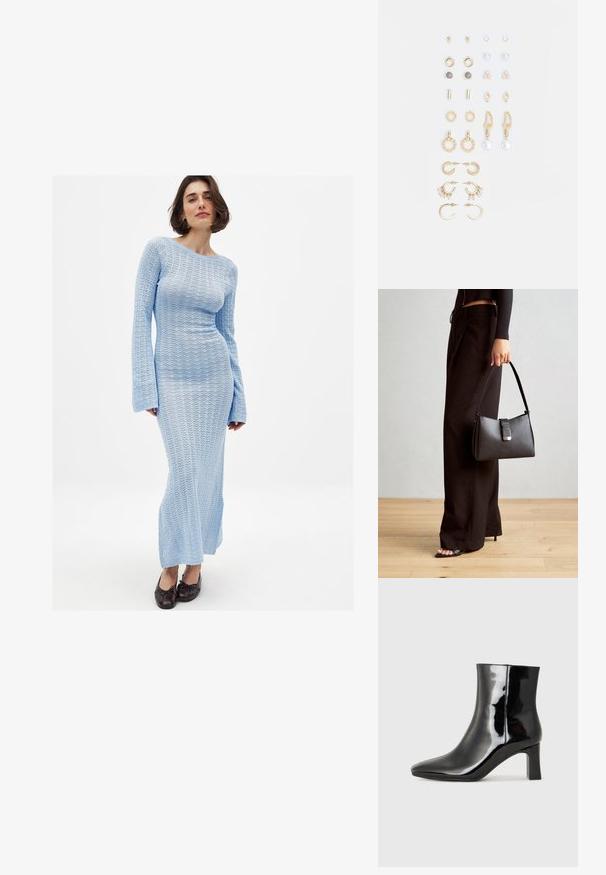 Langærmet, tætsiddende kjole i lyseblå strik med et tekstureret, åbenvævet mønster. Den har en bådhals og flagrende ærmer, der ender ved anklerne.; Sort lakeret ankelstøvle med spids tå og en midt-højde blokhæl. Glat tekstur og minimalistisk design.; Sort håndtaske med struktureret form, glat overflade og metalspænde. Sammen med brede sorte bukser og sandaler med åben tå på trægulv.; Sæt af guldfarvede øreringe med forskellige designs, herunder studs, hoops og hængende modeller med perler og rhinsten.