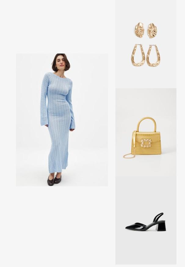 Pikemate, helesinistega kleit helesinisest kudumist, millel on tekstureeritud, avatud kudumise muster. Tal on paadiee ja laiad varrukad, mis ulatuvad pahkluudele.; Mustad musta lakknahk kingad, millel on terav varvas ja geomeetriline plokkkonts. Omab elegantselt minimalistlikku disaini ja sujuvat tekstuuri.; Kollane faux-krokodilli käsipindaga kott, millel on struktureeritud disain, ülemine käepide, eemaldatav kettmass ja dekoratiivne kristallkaunistus klambril.; Kuldse värvi kõrvarõngad, mis on kaunistatud tekstuursete ja laineliste kujunditega. Komplektis on skulpturaalsed klamber kõrvarõngad ja avatud rõngasdisain, millel on lõhestatud viimistlus.