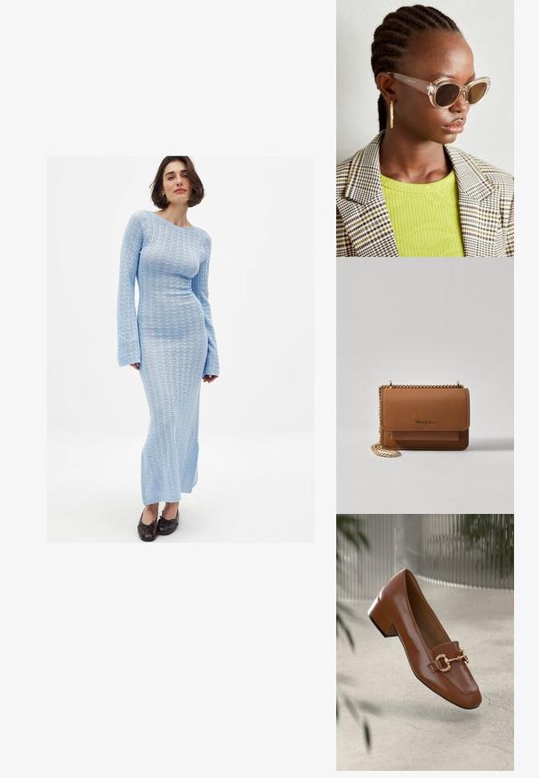 Langdurige, aansluitende jurk in lichtblauwe brei met een gestructureerd, open weefpatroon. Het heeft een bootnek en uitlopende mouwen die eindigen bij de enkels.; Bruine lakleren loafer met vierkante neus, metallic kettingaccent en lage blokhak; gladde textuur, minimalistisch ontwerp.; Doorzichtige cat-eye zonnebril met bruine lenzen en transparante montuur. Model draagt een groene geribbelde top en een geblokte blazer. Gouden ring oorbellen.; Bruine lederen schoudertas met textuur, voorzien van een gouden kettingstrap en klepsluiting. De voorkant heeft een logo-detail en een zak onder de klep.