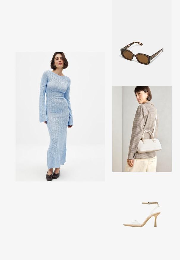 Langærmet, tætsiddende kjole i lyseblå strik med et tekstureret, åbenvævet mønster. Den har en bådhals og flagrende ærmer, der ender ved anklerne.; Klart hælet sandal med en gennemsigtig overdel, beige fodseng og en slank ankelrem. Har en spids tå og en tynd høj hæl.; Skildpadde-solbriller med en rund, kraftig ramme og brune linser. Har subtile mønstre og lige, afsmalnende stænger.; Hvid struktureret taske med korte håndtag og en skulderrem, prydet med guldfarvede hardwaredetaljer og tekstureret materiale, præsenteret mod en grå baggrund.