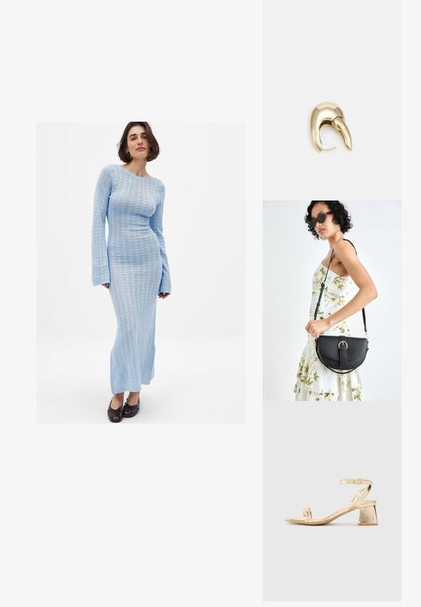 Pikemate, helesinistega kleit helesinisest kudumist, millel on tekstureeritud, avatud kudumise muster. Tal on paadiee ja laiad varrukad, mis ulatuvad pahkluudele.; Kuldmetalliline kontsaga sandaal, millel on nurkadega plokk-konts, kaks riba jala peal ja reguleeritav pahkluu rihm. Sujuv tekstuur.; Mustmust mustraha kõverate joontega, eemaldatava rihmaga ja kuldsete detailidega. Kotil on klapp, millel on pandladetail.; Kuldtooni metallist kõrvarõngas, millel on elegantne ja kaarjas disain. Omab silmapaistvat teravat kuju, poleeritud pinda ja hingesulgemist.