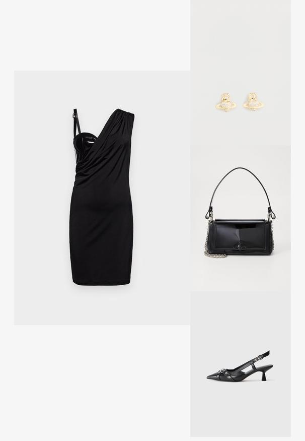 Black dress with one shoulder strap, draped design, fitted silhouette, and a glossy bodice detail. Made from soft, stretchy material.; Black leather slingback shoe with a pointed toe, decorative straps featuring metal eyelets, and a low block heel. Textured surface.; Black patent leather handbag with a rectangular shape, chain strap, and a distinctive hardware accent in the center. Smooth texture.; Gold-tone stud earrings featuring a Saturn design with a textured band and embedded circular crystals for added sparkle.