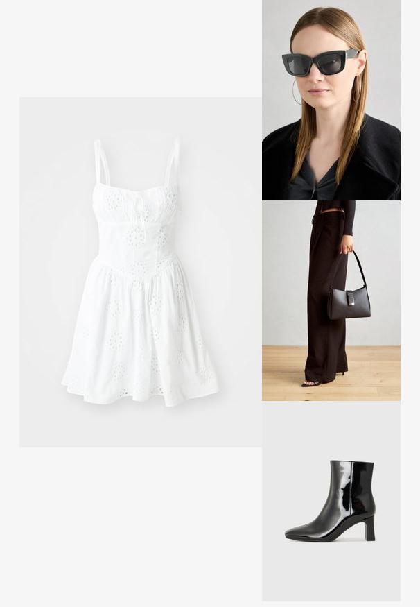 Vestido branco com alças de espaguete ajustáveis, um corpete justo e uma saia rodada. Apresenta bordados em ilhós e um detalhe de cordão na gola.; Botim de tornozelo em pele sintética preta com bico apontado e salto bloco de altura média. Textura suave e design minimalista.; Óculos de sol pretos em formato de gato com lentes escuras, armações grossas e acentos subtis. Usados com um casaco preto e uma blusa cinza, apresentando cabelo longo e liso.; Bolsa preta com forma estruturada, textura suave e um fecho metálico. Combinada com calças largas pretas e sandálias de salto aberto sobre um chão de madeira.