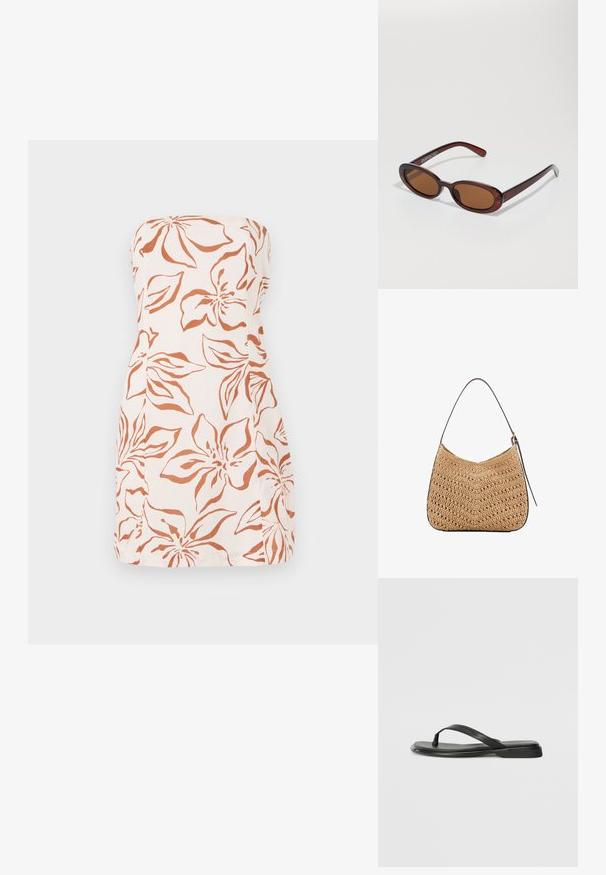 Abito senza spalline in tessuto leggero, con un motivo floreale arancione su uno sfondo crema. Taglio dritto con un orlo semplice.; Infradito neri in pelle liscia, con un design a fascia sottile e una suola piatta dal profilo minimale. Nessun motivo o accento particolare.; Occhiali da sole rotondi con tonalità marrone, montatura lucida color bordeaux. Aste sottili con un sottile dettaglio del marchio. Design delle lenti piatte.; Borsa a spalla in paglia intrecciata con forma curva, dotata di una tracolla in pelle scura e superficie testurizzata con motivo a zigzag.