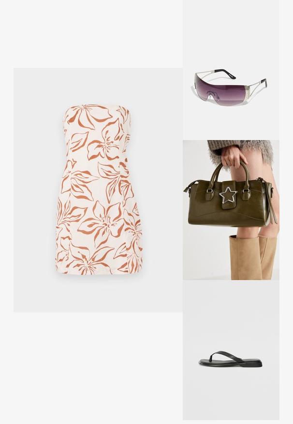 Strapless dress in light fabric, featuring an orange floral pattern on a cream background. Straight cut with a simple hem.; Black flip-flop made of smooth leather, featuring a thin strap design and a flat sole with a minimal profile. No notable patterns or accents.; Sunglasses with a large, curved purple lens, silver metal accents, and black temples featuring a logo. Textured details on the frame are visible.; Olive green faux leather handbag with silver star accent, dual handles, and a zip closure. Textured surface and structured shape.